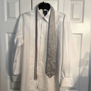 Joseph Banks, 16 1/2 neck 34 sleeve white tuxedo, shirt with gray paisley tie